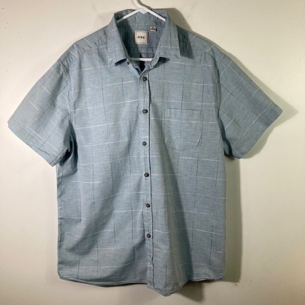 Mens ROWM Button Cotton Shirt Short Sleeve Blue White Plaid XL‎